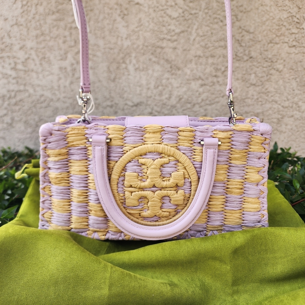 NWT Tory Burch Ella Hand-Crocheted Leather Checkered Lavender Tote -Authentic
